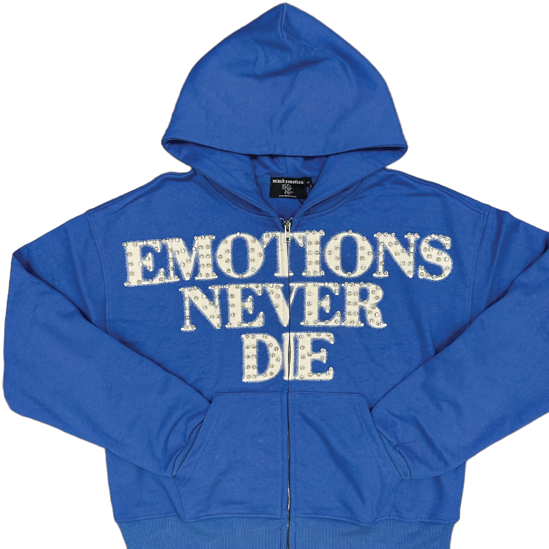 Mixed Emotion Blue 'End' Rhinestone Hoodie