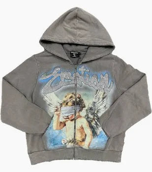 Mixed Emotions Rhinestone Zip-Up Hoodie 'Grey'